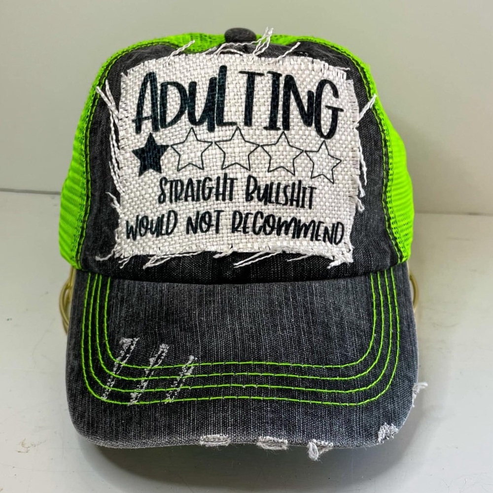Hand Crafted “Adulting is BS” Neon Green and Black Distressed Cap—NWT
